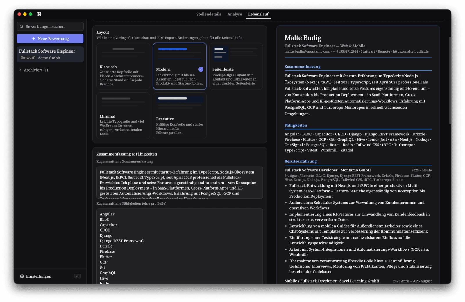CV Tailor – Lebenslauf-Editor mit Live-Vorschau