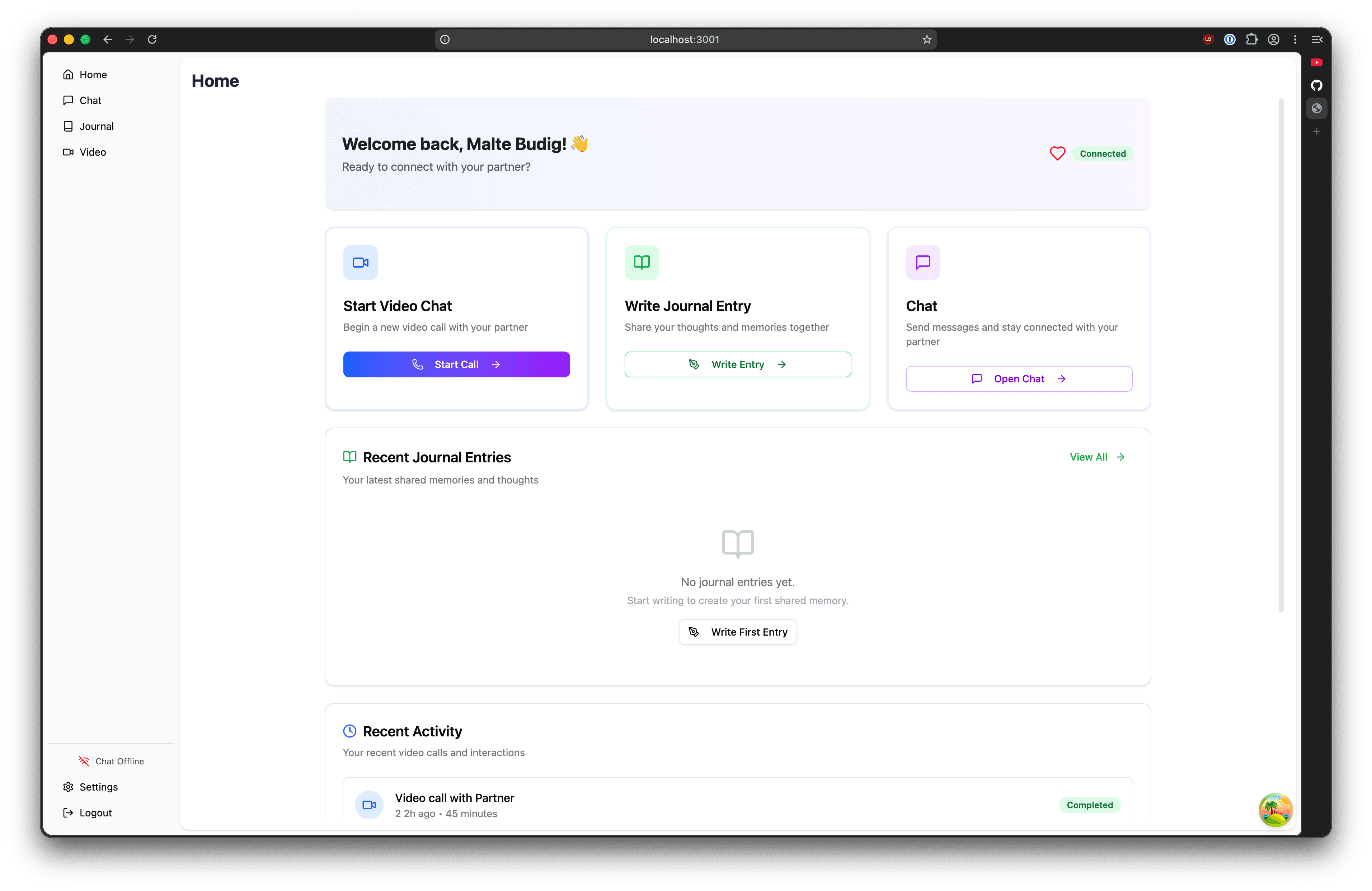 weblo – Startseite mit Video-Call, Journal und Chat