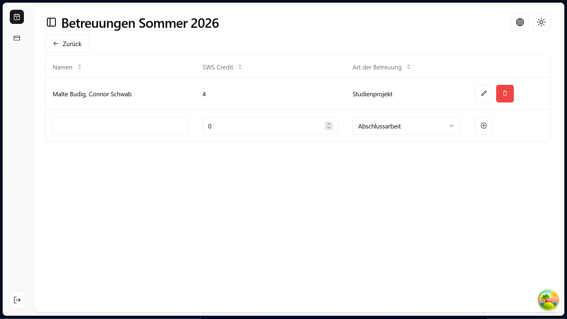 Screenshot Tabelle mit Inline-Editing